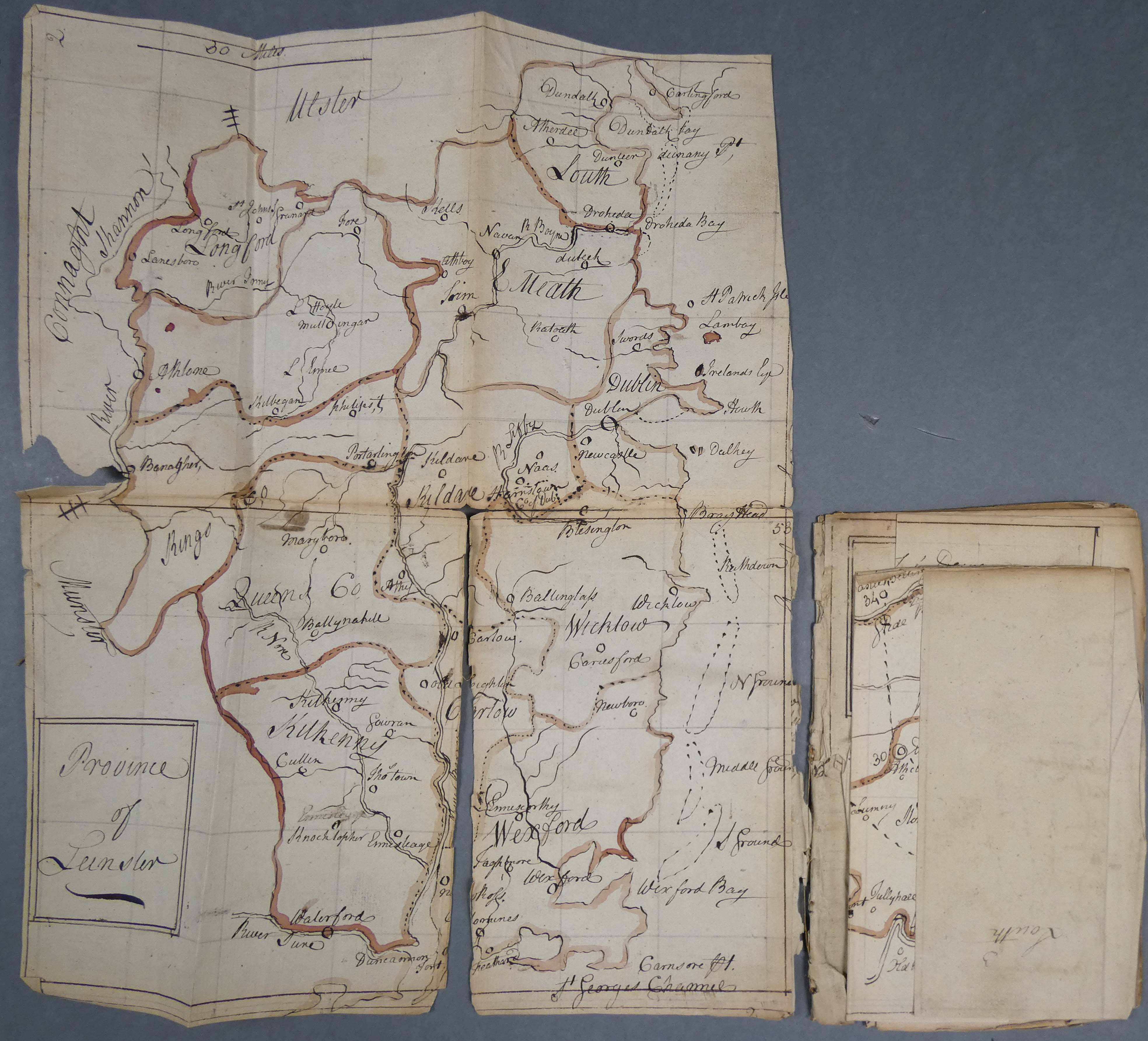 Manuscript map, Province of Leinster, before treatment, with tears and losses 