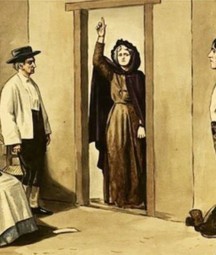 An illustration of a scene from the play Kathleen ni Houlihan, showing three figures inside a room and a woman standing outside the door with one arm raised