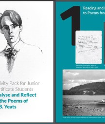 A National Library of Ireland branded page features a sketch of a young WB Yeats, with text and photographs 