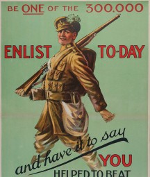 Póstaer liostála ar a bhfuil saighdiúir óg agus raidhfil le gualainn aige. An téacs: <i>"Be ONE of the 300,000" "Enlist Today and have it to say YOU helped to beat the Germans" "Go to the recruiting officer and join an Irish regiment"</i>