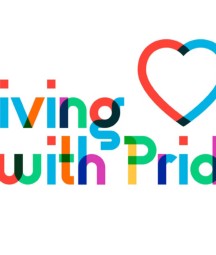 A graphic logo features a red and blue heart with rainbow-coloured lettering that reads: Living with Pride