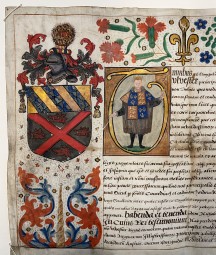 1554 Stanyhurst Grant of Arms close up of illuminated scroll