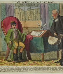 Jonathan Swift, (1667-1745), satirist and Dean of St. Patrick's Cathedral, Dublin, stands, delivering a turbot to a post boy who is seated in his chair - on the writing desk in front of the post boy is a piece of paper bearing the title "Gulliver's Travels". Outside the window, one can see St. Patrick's Cathedral. 