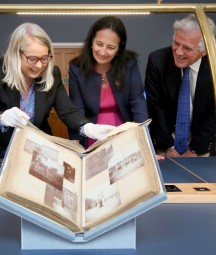 Dr Audrey Whitty, Minister Catherine Martin and Eoin McVey in the NLI's Manuscripts Room