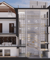 NLI Cross Section through West Wing, New Circulation Core & Existing Central Stairs © FKP Architects