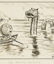 Cartoon showing a character with a globe head in a rowboat being chased by a water monster labelled as the "unemployment problem."