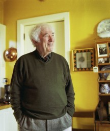 image of seamus heaney looking away form the camera with his hands in his pockets. he wears a dark green jumper and stands against the yellow walls of his kitchen 