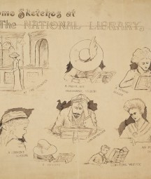 Pen and ink drawings of various readers in the National Library of Ireland. Initialled by the artist G.A.D, date unknown . PD 3095 TX 2.