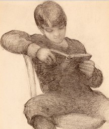 Portrait of William Butler Yeats, (1865-1939), when a boy; whole length, seated, reading, right arm on back of chair.