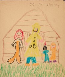 A handmade thank you card created by school children for Seamus Heaney. The card includes a colorful crayon drawing of four figures standing on green grass in front of a house. Above the drawing, the message "TO Mr. Heaney" is written in pencil, expressing gratitude for his visit.