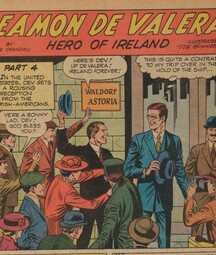 comic spread of de valera arriving in america