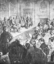 Black-and-white illustration of a historical harp festival in Belfast, showing harpists seated on a raised stage playing their instruments while an audience of men and women in 18th–19th century attire watches attentively