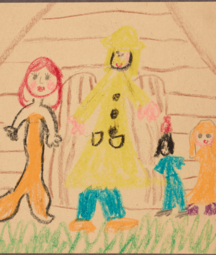 a child's drawing of a family in front a house sent to Heaney