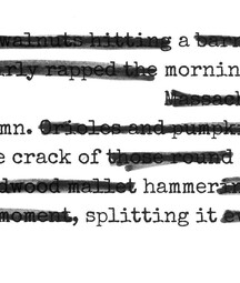 A blackout poem created from a typewritten text. Most of the text is covered with black lines, leaving visible phrases that read: “a roof / morning. / Autumn. /the crack of  shells / a hammer/ splitting it open.” The background is a light beige color, and the remaining words form a poem evoking the sounds and imagery of autumn.