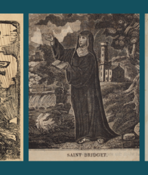 Collage of images relating to women in Irish folklore including Queen Maeve, Saint Brigid & a sheela-na-gig. 