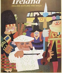 Tour Ireland England Scotland and Wales. Features various figures, collage style, including a man playing fiddle front and center.