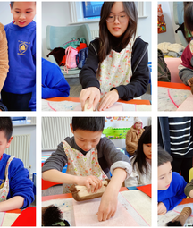 photos of children taking part in a wood block printing workshop