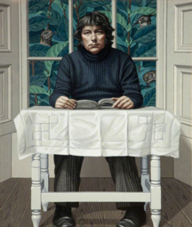 A stylized, realistic painting of a young Seamus Heaney with short dark hair seated at a small table covered with a white tablecloth. He wears a dark ribbed sweater and looks straight ahead with a serious, neutral expression. His hands rest on an open book. Behind him, a window reveals dense green foliage with several birds partially hidden among the leaves. The scene is quiet and introspective, rendered in muted tones with fine, detailed textures.