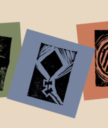 “Three abstract black-and-white print-style illustrations arranged side by side on muted colored rectangles against a beige background: a garden fork on olive green, a kite shape on dusty blue, and a circular design of the word 'Mná' on terracotta.”