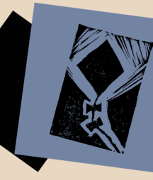 Abstract black-and-blue print featuring a stylized kite shape on a tilted square on a beige background.