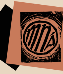 An abstract, layered graphic featuring a bold circular emblem encircling the word “mná” over dark textured imagery and tilted geometric shapes.