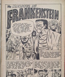A black and white page from comic the Monster of Frankenstein, featuring Frankenstein's monster with speaking to fellow monsters.