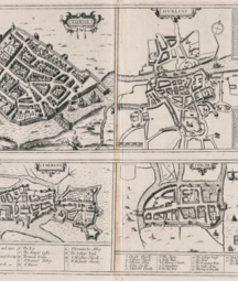 An engraving showing town plans of Dublin, Cork, Limerick and Galway in Ireland.
