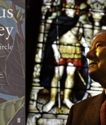 A portrait of Seamus Heaney standing in front of a stained-glass window, looking upwards. Beside him is the cover of his poetry collection District and Circle, featuring an illustrated bird among leaves.