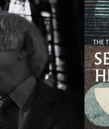 Black-and-white portrait of Seamus Heaney looking upwards, alongside the book cover of The Translations of Seamus Heaney, edited by Marco Sonzogni.