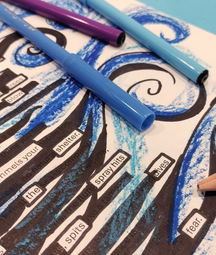 A photo of a blackout poem with blue swirls