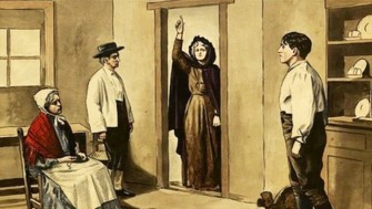 An illustration of a scene from the play Kathleen ni Houlihan, showing three figures inside a room and a woman standing outside the door with one arm raised