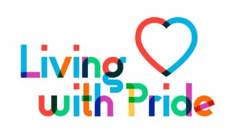 A graphic logo features a red and blue heart with rainbow-coloured lettering that reads: Living with Pride