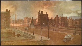 An artist's rendering of Dublin City after the Easter 1916 bombardment