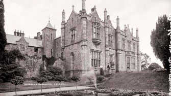 A black and white photograph of Parkanaur House, Co. Tyrone, a grand house and gardens