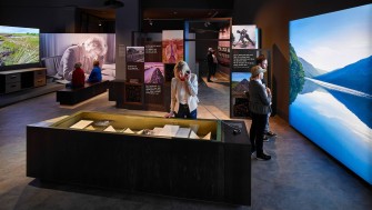 Visitors examine display cases and visual projections at the Listen Now Again exhibition