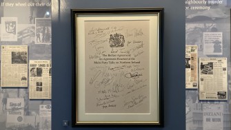 Copy of the Good Friday Agreement in an exhibition case.