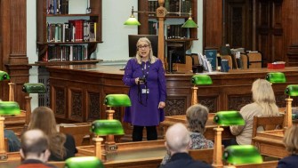 Dr Audrey Whitty, Director of the National Library of Ireland, giving a tour inside the Reading Room