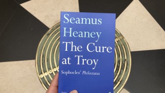 Colour photograph of a blue book cover entitled 'The Cure at Troy'