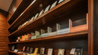 Colour photograph of books on large shelves