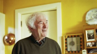 image of seamus heaney looking away form the camera with his hands in his pockets. he wears a dark green jumper and stands against the yellow walls of his kitchen 