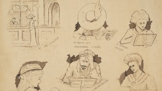 Pen and ink drawings of various readers in the National Library of Ireland. Initialled by the artist G.A.D, date unknown . PD 3095 TX 2.