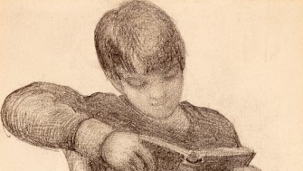 Portrait of William Butler Yeats, (1865-1939), when a boy; whole length, seated, reading, right arm on back of chair.