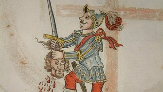 image of a knight with a beheaded head and sword, trampling an animal underneath