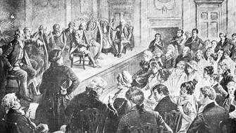 Black-and-white illustration of a historical harp festival in Belfast, showing harpists seated on a raised stage playing their instruments while an audience of men and women in 18th–19th century attire watches attentively