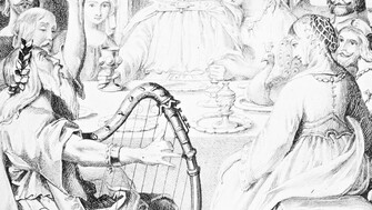 Etching, 'The Harp that once thro Tara's Halls', gathering with harpist at table; M41/25. 