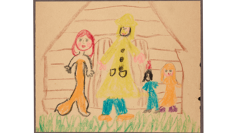 a child's drawing of a family in front a house sent to Heaney