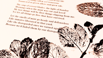 A printed page featuring the poem “Mint” by Seamus Heaney, surrounded by botanical-style leaf prints. The leaves are dark, detailed, and textured, resembling mint leaves pressed and inked onto the page.