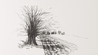 Minimalist illustration titled “The Last Walk” showing a lone tree with bare branches beside a plowed field extending into the distance. The monochrome ink drawing is centered on a plain white background, conveying a quiet, contemplative atmosphere.