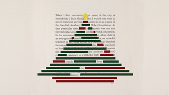An extract of Crediting Poetry as a black out poem with a christmas tree image