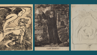 Collage of images relating to women in Irish folklore including Queen Maeve, Saint Brigid & a sheela-na-gig. 